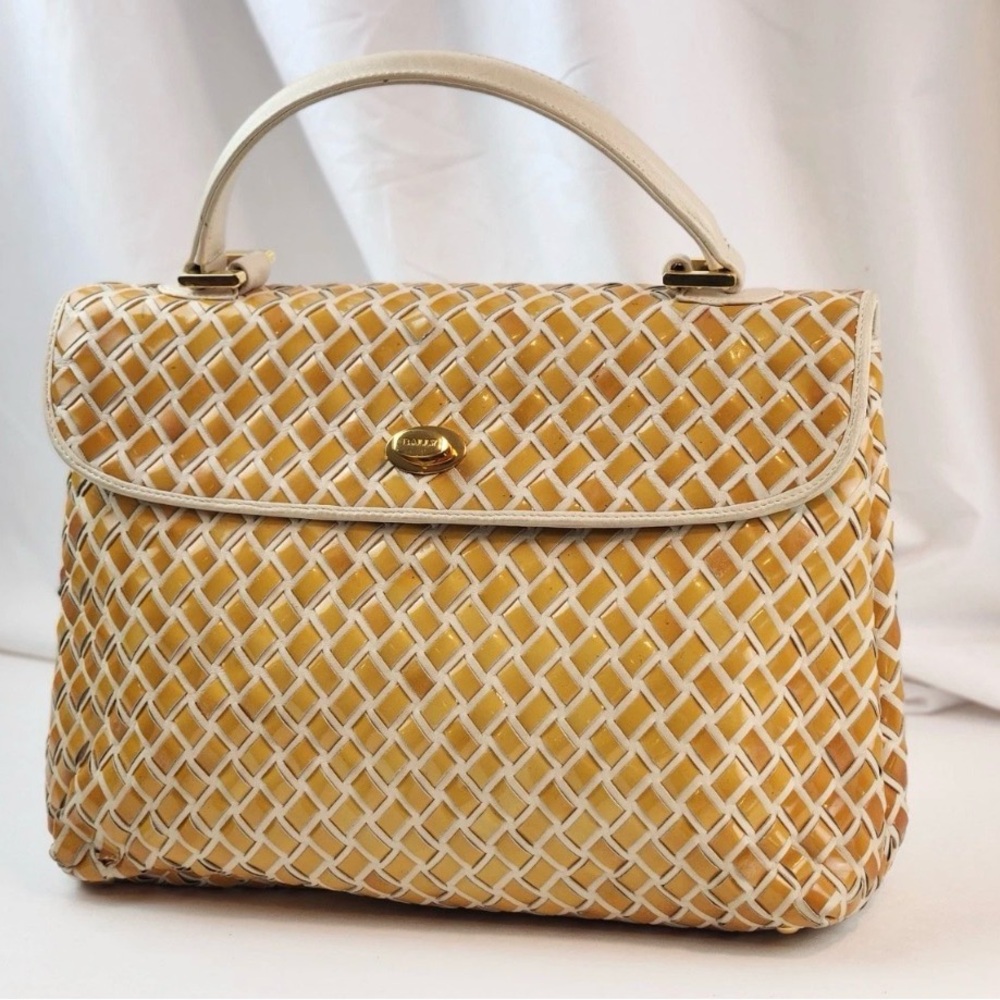 Bally Hand Bag Top Handle Braided Leather Purse Turn Lock Cream and Yellow - Picture 2 of 14